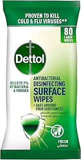 Lingettes désinfectantes antibactériennes dettol fresh avec couvercle refermable, paquet de 80 grandes lingettes.