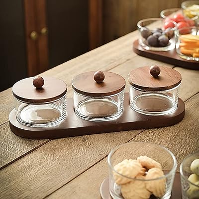 Assiette à collation ronde en verre avec couvercle en bambou, assiette à dessert