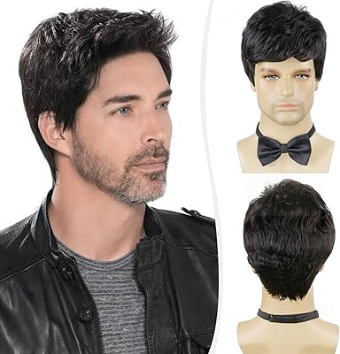 Perruques pour hommes, perruque courte noire pour hommes en couches de cheveux naturels
