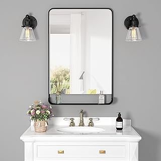 Miroir de salle de bain au design rustique noir avec miroir de courtoisie
