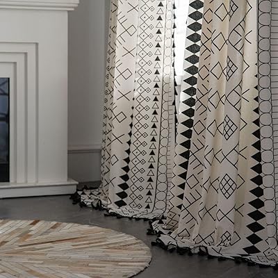 Wazio lot de 2 rideaux bohème semi-occultants à motif géométrique avec pompons