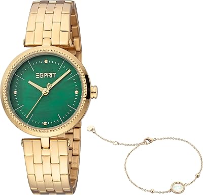 Montre à quartz analogique avec cadran vert émeraude pour femme, doré, es1l296m0095set