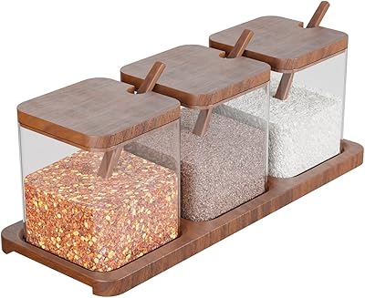 Ensemble de pots à épices carrés en verre et en bois, 3 pièces