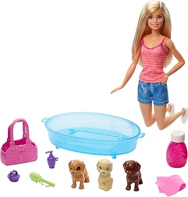Poupée barbie blonde et coffret de jeu avec 3 chiots baignoire