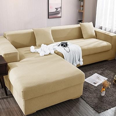 Housse de canapé élastique r&o (beige, forme l, 3 places + 4 places)