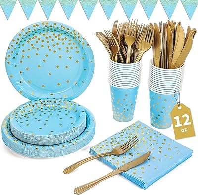 Beauty 72 pièces articles de fête bleus et dorés, vaisselle en aluminium, assiettes en papier, serviettes, tasses et pailles pour mariages, anniversaires et anniversaires - 10 invités. Des économies substantielles vous attendent sur Diaytar
