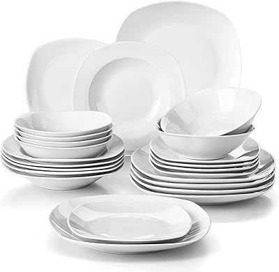 Service de table carré 24 pièces en porcelaine malakasa, gris et blanc, assiettes
