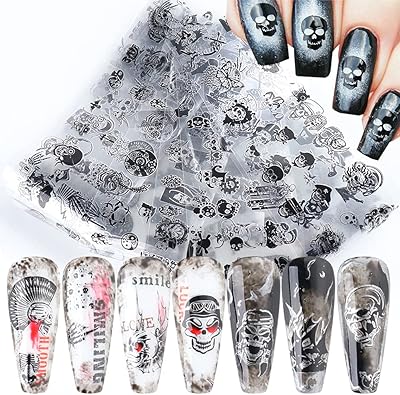 Autocollants pour ongles en forme de crâne d'halloween, transfert de feuille, crâne noir