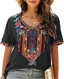 Highstar femmes mexicain boho brodé hauts bohème style paysan chemises d'été chemisier à