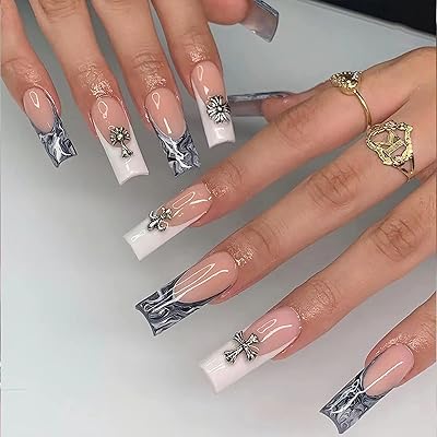 Faux ongles avec pointes françaises à pression, design de longueur moyenne en noir