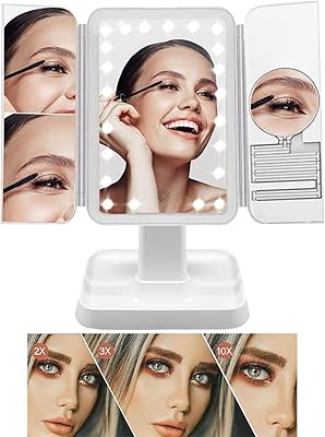 Miroir de maquillage cosmétique avec lumière à trois volets portable et pliable