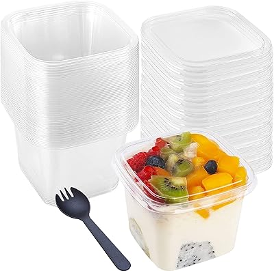 Gobelets à dessert carrés en plastique transparent tomface de 13,5 oz avec couvercles