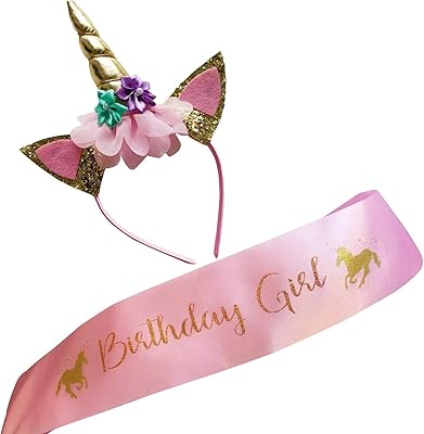 Ensemble licorne d'anniversaire pour fille, ceinture et bandeau à paillettes dorées, rose