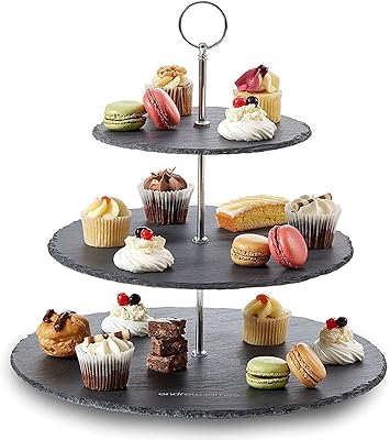 Support à gâteau rond en pierre noire naturelle 3 niveaux avec anneau