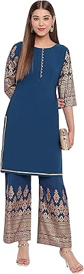 Kurti en crêpe de polyester imprimé feuille bleue pour femme avec palazzo
