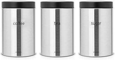 Boîtes à thé, café et sucre brabantia, couvercle noir, 1,4 litre - acier