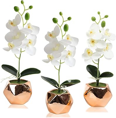 Fleurs d'orchidées artificielles blanches natul, ensemble de 3 orchidées artificielles, pot en céramique