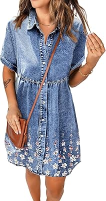Robe en jean babydoll décontractée à manches courtes et bas boutonné pour femme