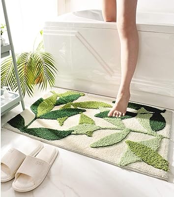 Tapis de bain motif feuilles vertes, antidérapant, doux et absorbant, lavable en machine