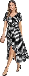 Robe longue d'été à pois et col en v pour femmes, manches courtes