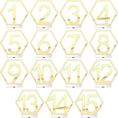 15 pièces numéros de table 1-15 numéros de table en acrylique de mariage demi-hexagone creux supports de réception avec base de support pour les décorations de fête de mariage (or). Diaytar : Qualité professionnelle, prix grand public