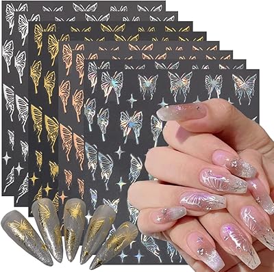 8 feuilles d'autocollants papillon pour nail art, autocollants pour ongles 3d dorés, fournitures