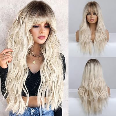 Perruque blonde platine pour femme, perruque blonde longue avec frange et racines foncées