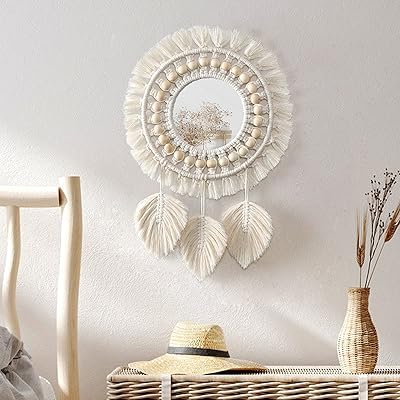 Miroir mural suspendu dremisland - macramé bohème avec décoration à franges rondes