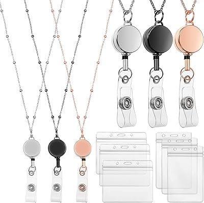 Lanière rétractable pour badge avec porte-carte d'identité, 3 cordons de perles en acier