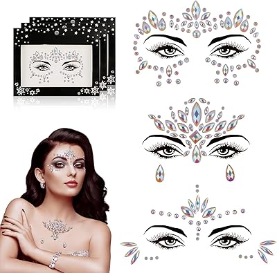 Autocollants pour bijoux de visage, 3 feuilles de pierres précieuses lumineuses pour le visage,