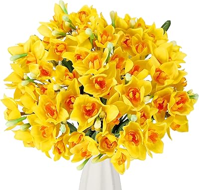 Yunli 48 pièces jonquilles artificielles 18,1" fleurs artificielles jaunes pour vase extérieur décoration