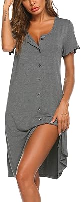Chemise de nuit femme à manches courtes, boutons sur le devant et col
