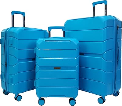 Ensemble de bagages rigides extensibles en polypropylène ultra léger avec roulettes, bleu ciel