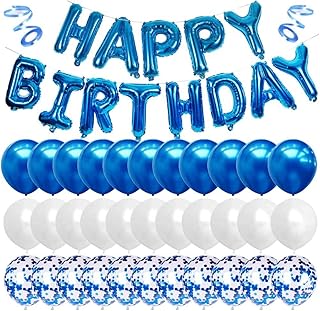 Bannière de ballons joyeux anniversaire bleu beauté avec confettis blancs et bleus
