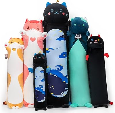 Oreiller long en peluche chat miwai kawaii, chat noir en peluche mignon