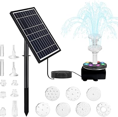 Kwulee pompe de fontaine solaire 7w avec 8 lumières led, pompe de fontaine