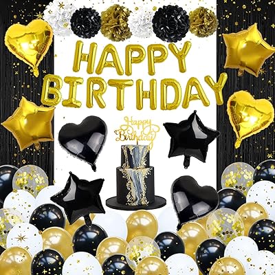 Kit de fête d'anniversaire indigo avec ballons en or noir et blanc, bannière
