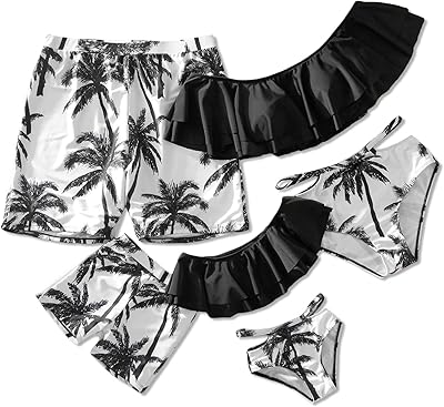 Maillot de bain deux pièces maman et moi imprimé cocotier noir, épaules dénudées