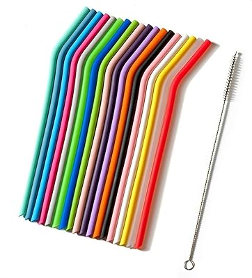 Pack de 18 pailles réutilisables en silicone courbées + 2 nettoyants pour brosses