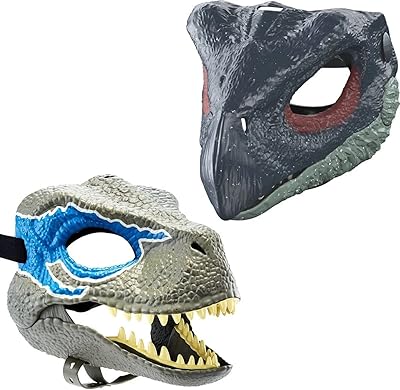 Ensemble de masques jurassic world velociraptor bleu et therizinosaurus avec mâchoire ouverte, texture