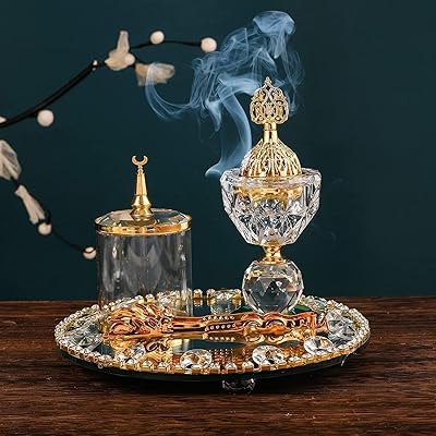 Ensemble de brûleurs d'encens au charbon de bois de couleur or avec plateau