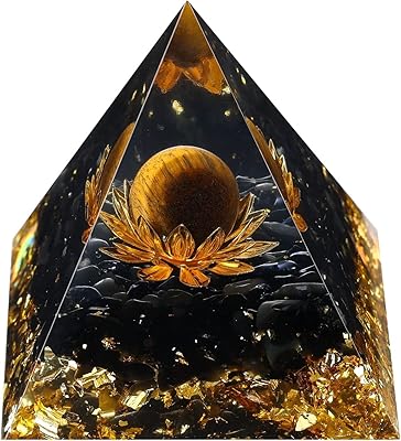Pyramide de cristal d'orgon - lotus oeil de tigre + pierre d'obsidienne