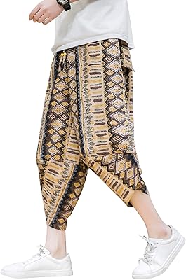 Sarouel décontracté léger avec taille élastique et jambes larges, pantalon capri ample en lin pour homme. Diaytar : Des prix mini pour un service maxi