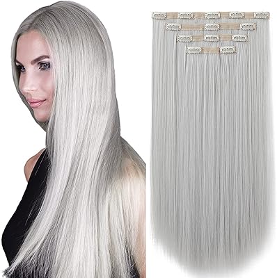 4pcs 22" extensions de cheveux synthétiques longs argentés et blancs pour cheveux raides