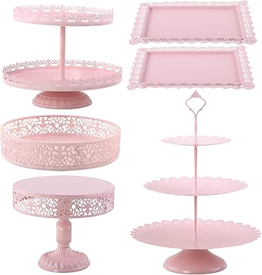 Lot de 6 présentoirs à gâteaux roses avec base pour présenter des desserts