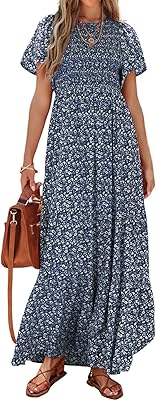 Robe longue d'été décontractée brittigarden à manches courtes, motif floral bohème, col rond