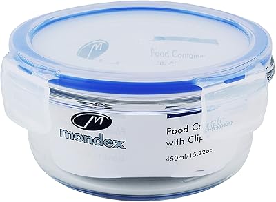 Récipient alimentaire rond en verre mondex avec couvercle bleu, capacité 450 ml, modèle