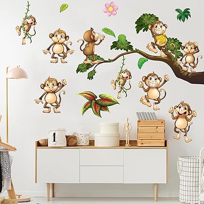 Stickers muraux singe de la jungle pour enfants, animaux de chambre d'enfant, feuilles