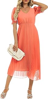 Robe d'été mi-longue décontractée à manches bouffantes, col en v plissé pour femme