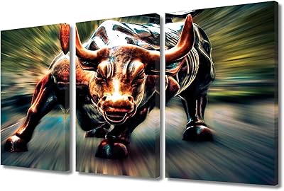 Impression sur toile à 3 panneaux avec taureau courageux et fort décoration murale